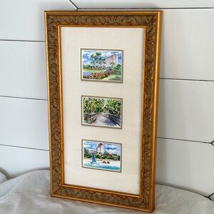Three mini watercolor paintings in gold frame